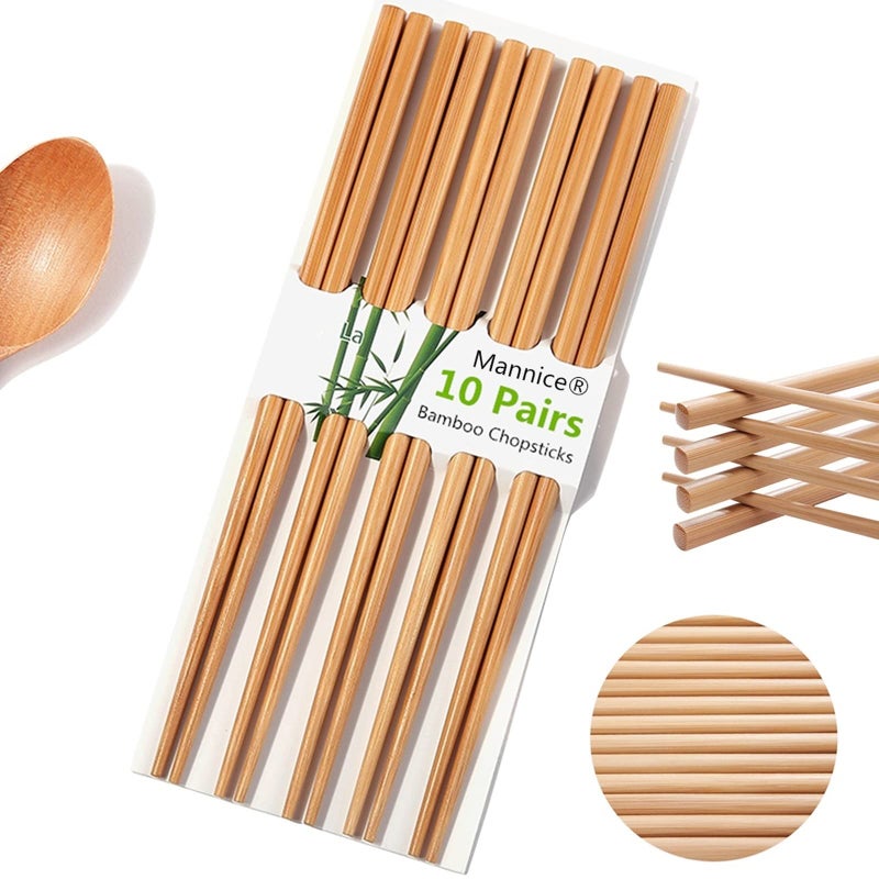 Mannice Chopsticks Reusable Chinese Natural Bamboo Chopsticks 9.8"/25cm Long Lightweight Wood Chopstick Set For Restaurant Eating Cooking -10 Pairs gift Sets Dishwasher Safe Japaness Style - Image 1